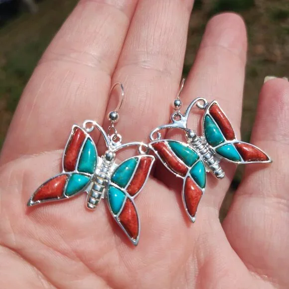 Jay King DTR Butterfly Turquoise coral earrings 925 Sterling Silver  Very cute - Picture 6 of 10